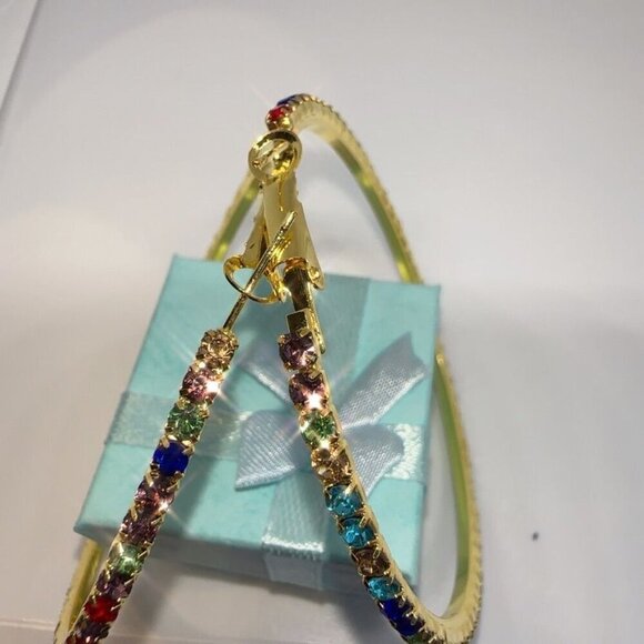 Crystal Hoop Earrings Gold Tone Multicolor Fashion Jewelry - Picture 5 of 7